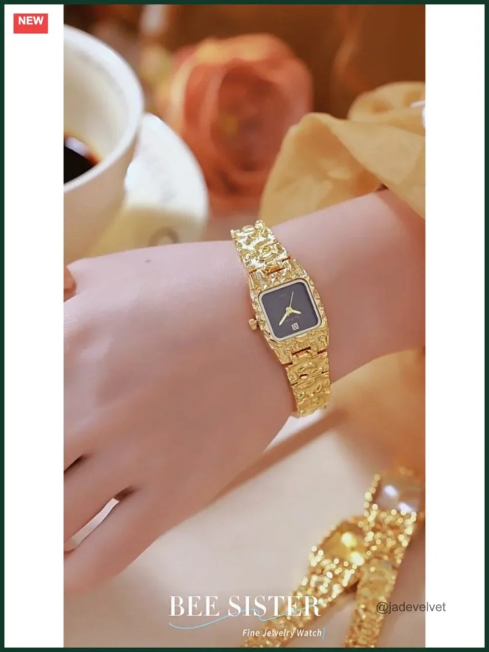 Vintage Women's Gold Bracelet Watch Square Quartz Dress Wristwatch Textured Band